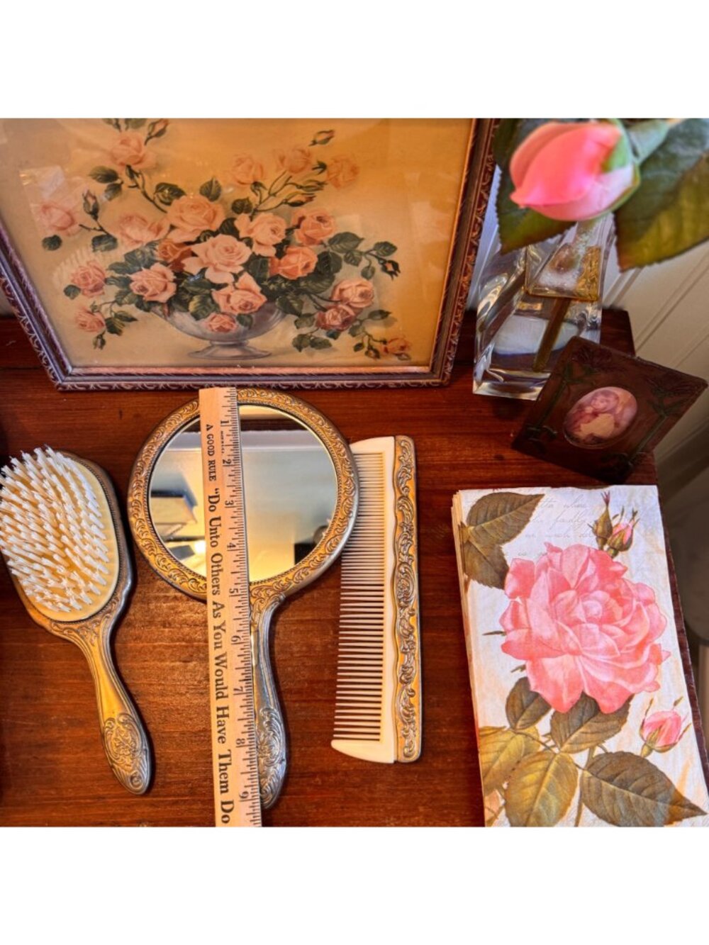 Victorian Silver Plate 3 Pc Vanity Set Mirror Brush & Comb Ornate Design Patina - Picture 9 of 16
